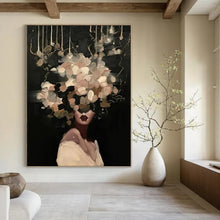 Load image into Gallery viewer, “Floral Veil in Darkness” – Woman with soft, pale flowers and greenery covering her head, dark setting. DTP326
