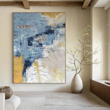 Load image into Gallery viewer, Blue and Gold Textured Abstract – Mixed - Media with Metallic Elements DTP255
