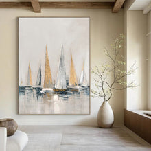Load image into Gallery viewer, “Gilded Sailboats at Sea” - Grey, Gold, and Blue Nautical Art on Canvas DKH1416
