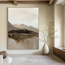 Load image into Gallery viewer, “Mountain Mirror” – Muted grays, browns, beiges with thick brushstrokes of mountains and reflection DTP358

