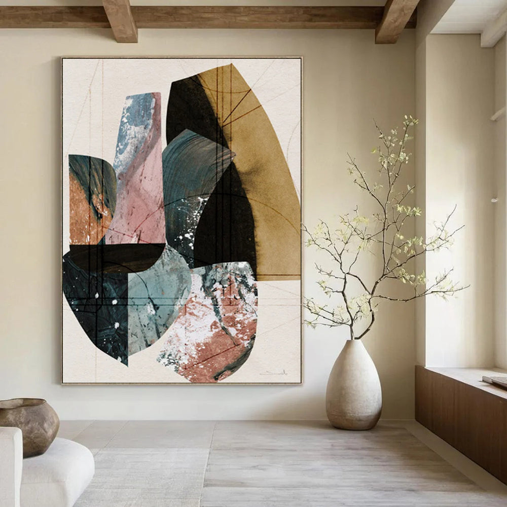Geometric Abstract Collage Art, Suited for Modern Home Office