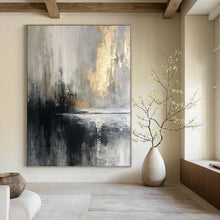 Load image into Gallery viewer, “Gray - Gold Reflection” – Gray, Black &amp; Gold Abstract Acrylic with Reflective Textures DTP067
