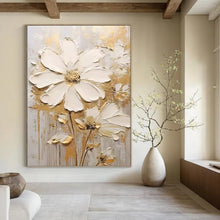 Load image into Gallery viewer, “Gilded White Floral Impasto” - Gold and White Flower Art on Canvas DKH1395
