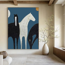 Load image into Gallery viewer, “Stylized Black &amp; White Horses” - Minimalist Equine Art on Canvas DKH1440
