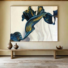 Load image into Gallery viewer, Blue - Gold Flowing Shapes Abstract Art for Elegant Dining Room &amp; Modern Bedroom DKH160
