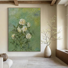 Load image into Gallery viewer, Textured White Rose Abstract on Green, Perfect for Serene Bedroom &amp; Peaceful Meditation Corner LargeART1987
