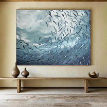 Load image into Gallery viewer, Blue - Toned Abstract “School of Fish in Motion” Painting on Canvas, Dynamic Wall Art DKH792
