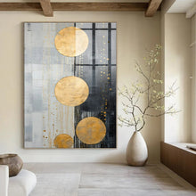 Load image into Gallery viewer, Gold Circles on Gray Abstract Canvas Painting, Great for Minimalist Office &amp; Upscale Retail Space LargeART1241
