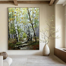Load image into Gallery viewer, Green &amp; Yellow Birch Forest Abstract Painting, Ideal for Nature - Lover’s Living Room &amp; Cozy Reading Nook LargeART2093
