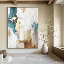 Load image into Gallery viewer, White, Teal &amp; Gold Abstract Painting, Perfect for Glamorous Dining Room &amp; Luxe Living Area LargeART1924
