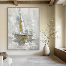 Load image into Gallery viewer, Gray, Blue &amp; Gold Abstract Sailboat Art, Perfect for Nautical - Themed Study &amp; Relaxing Sunroom LargeART1957
