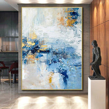 Load image into Gallery viewer, Blue, White, and Gold Abstract Acrylic Art - Suited for Modernist Penthouse &amp; Elegant Dining Room LargeART0643

