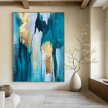 Load image into Gallery viewer, Teal &amp; Gold Drip Abstract Acrylic Art, Nice for Entryway &amp; Gallery Wall LargeART1007
