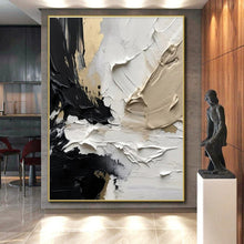 Load image into Gallery viewer, Custom Large Black - White - Gold Textured Abstract – Perfect for Modern Penthouse Office &amp; Upscale Hotel Lobby LargeART0715
