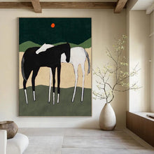 Load image into Gallery viewer, “Horse Duo in Nature” - Black, White, and Green Landscape Art on Canvas DKH1412
