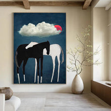 Load image into Gallery viewer, “Horses Under Red Moon” - Black, White, and Red Nature Art on Canvas DKH1418
