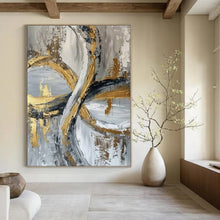 Load image into Gallery viewer, Gray, Gold &amp; Black Abstract Loops Canvas Painting, Great for Industrial - Glam Bedroom &amp; High - End Bar Lounge LargeART1251
