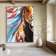 Load image into Gallery viewer, “Colorful Horse with Feather Headdress” - Vividly Painted Equine Art on Canvas DKH1426
