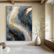 Load image into Gallery viewer, “Blue and Gold Marble - Like Abstract” - Modern Abstract Art on Canvas DKH1599
