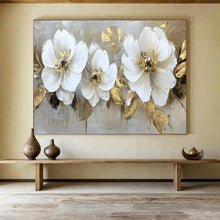 Load image into Gallery viewer, Hand - painted White Flowers with Gold Leaves Acrylic Art for Elegant Dining Rooms LargeART1705
