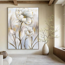 Load image into Gallery viewer, Elegant White &amp; Gold Floral Abstract Painting, Ideal for Glamorous Entryway &amp; Sophisticated Dining Room LargeART1906
