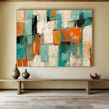 Load image into Gallery viewer, Hand - painted Teal, Orange, and White Textured Squares Acrylic Art for Artistic Studio Workspaces LargeART1721
