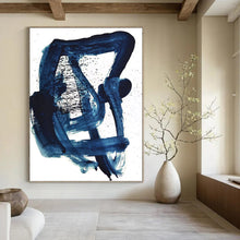 Load image into Gallery viewer, “Indigo Whirl” - Deep blue, dynamic brushstrokes with black splatters DTP161

