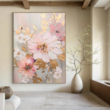 Load image into Gallery viewer, “Blush and Gold Floral Impasto” - Pink, Gold, and White Flower Art on Canvas DKH1390
