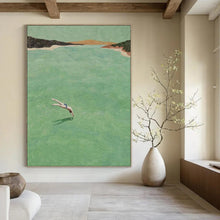 Load image into Gallery viewer, “Dive In” ，Green water, earthy tones for land, with a figure diving into the water. DTP304
