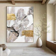 Load image into Gallery viewer, “Neutral Abstract with Gold Accents” - Grey, White, Gold Abstract Art on Canvas DKH1267

