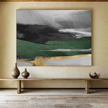 Load image into Gallery viewer, Gray - Green &amp; Gold Abstract Painting on Canvas - “Mystic Horizon” DKH606
