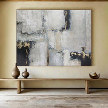Load image into Gallery viewer, Gray - Toned Geometric Abstract Painting On Canvas with Gold Accents DKH351
