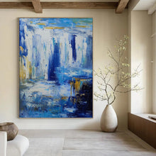 Load image into Gallery viewer, “Blue and Gold Waterfall Abstract” - Blue, Gold, White Abstract Art on Canvas DKH1332
