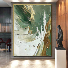 Load image into Gallery viewer, Hand - painted Extensive Green - Gold - White Abstract Textures Acrylic Art for Elegant Dining Rooms LargeART0088
