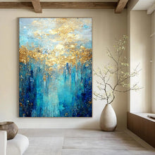 Load image into Gallery viewer, “Blue - Gold Forest” – Blue, Aqua &amp; Gold Abstract Acrylic with Textured Trees DTP065

