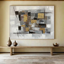 Load image into Gallery viewer, Gray - Gold Abstract Painting On Canvas with Geometric Textures DKH353
