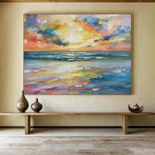 Load image into Gallery viewer, Hand - painted Large - Scale Vibrant Sunset Beach Acrylic Art for Relaxing Bedroom Retreats LargeART1748
