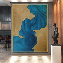 Load image into Gallery viewer, Oversized Blue and Gold Abstract Flow Acrylic for Luxury Hotel Lobby &amp; Sophisticated Home Office LargeART0343

