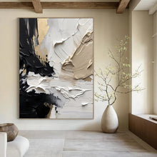 Load image into Gallery viewer, “Black - White - Gold Abstract Textures” Abstract Painting on Canvas, Sophisticated Dining Decor DKH1025
