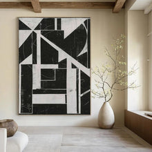 Load image into Gallery viewer, “Geometric Black - and - White Collage” - Black, White Abstract Geometric Art on Canvas DKH1151
