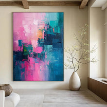 Load image into Gallery viewer, “Pink - Teal Fusion” – Pink, Teal &amp; Blue Abstract Acrylic with Textured Blocks DTP061

