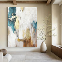 Load image into Gallery viewer, “Turquoise - Gold Abstract Flow” Abstract Painting on Canvas, Artistic Foyer Decor DKH1014
