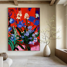 Load image into Gallery viewer, “Blue Blooms on Red” – Bold Floral Painting with Vibrant Color Contrast DTP101

