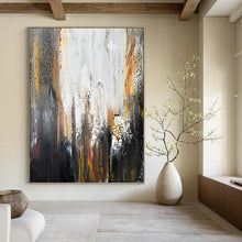 Load image into Gallery viewer, “Urban Chaos in Black, White, and Gold” - Black, White, Gold, Orange Abstract Art on Canvas DKH1229
