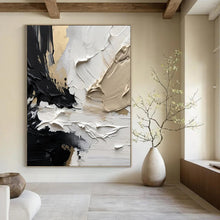 Load image into Gallery viewer, “Textured Monochrome” ，Black, white, beige, and gold with thick, textured brushstrokes. DTP301
