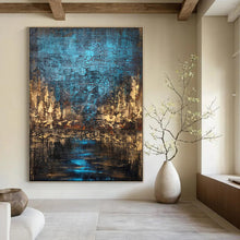 Load image into Gallery viewer, Blue &amp; Brown Textured Cityscape Abstract Art, Perfect for Industrial Living Room &amp; Urban Office LargeART2074
