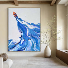 Load image into Gallery viewer, “Boat on Swirling Waves” – Small orange boat, dynamic blue and white swirling wave patterns. DTP321
