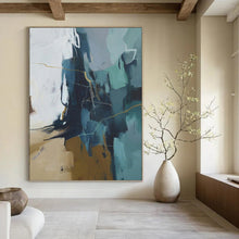 Load image into Gallery viewer, “Blue - Gray Abstract with Gold Lines” Abstract Painting on Canvas, Modern Office Decor DKH1016
