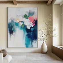Load image into Gallery viewer, “Blended Blooms in Teal &amp; Pink” Abstract Floral Painting on Canvas, Elegant Living Decor DKH996
