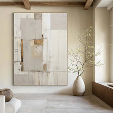 Load image into Gallery viewer, “Neutral Grid Abstract with Gold Accents” - Grey, White, Gold Abstract Art on Canvas DKH1316
